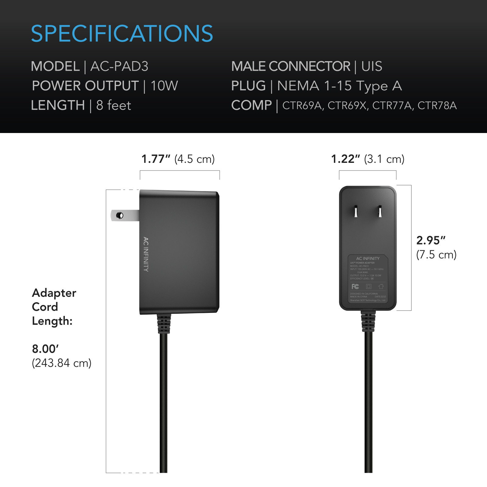 UIS Power Adapter, Outlet Plug with Charger Cable Cord - Image 5